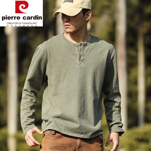 Pierre Cardin American retro distressed Henry shirt men's spring and autumn large size 300 Jin Jin equals 0.5 kg Heavy cotton American casual long-sleeved base T-shirt Army Green XL Recommended 115-145 Jin Jin equals 0.5 kg