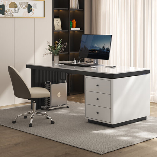 Verdanten minimalist modern style computer desk bedroom student study table new home slate desk study office writing desk black feet + off-white cabinet + snow mountain white glossy surface 140*60*75 single table with desktop row + threading hole + host position