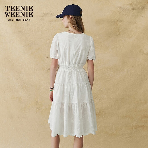 Teenie Weenie小熊女装白色连衣裙2025夏季新款优雅浪漫法式茶歇中长裙 白色 L