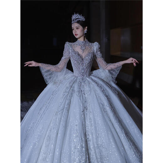 Kangmeishi Palaststil High-End-Hochzeitskleid Tailing French 2024 Braut Neue Stil Big Textur 2025 Langarmes Hauptgarn weißes Hochzeitskleid plus dreiteiliges Set L 110Jin [Jin ist gleich 0,5 kg]