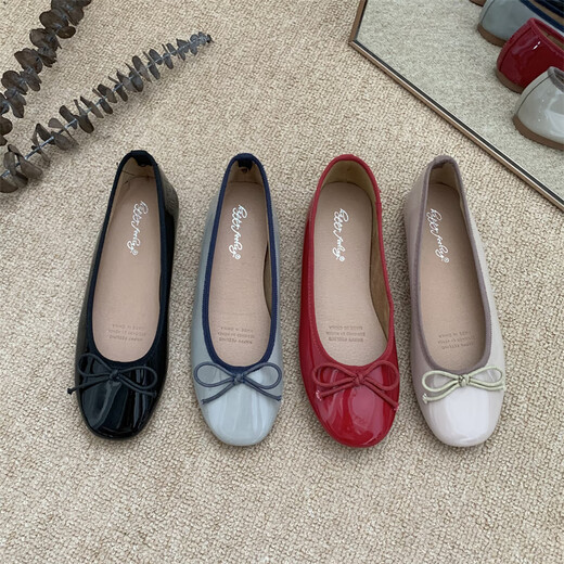 Belle Tread Bow Square Toe Light Mouth Shower para mujeres zapatos de cucharada plana plana Tacón plano Ballet Ballet Ballet Zapatos de boda Cómodos Mujeres embarazadas Four Seasons Single Zapatos para mujeres 2025 Summer NUEVO 683-4 Patente de cuero Light Blue 39
