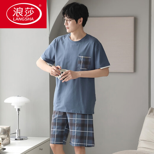 Los pantalones cortos de manga corta de verano para hombres de Langsha Pajamas para las franjas de algodón delgadas de verano se pueden usar fuera de ropa casual casual traje de ropa cómoda DGG-Z679 9347 L [recomendado 100-130Jin [Jin equivale a 0.5 kg] desgaste]