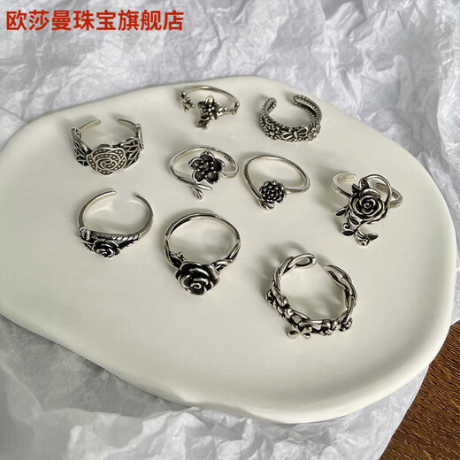汉尔卓玫瑰花开口戒指925银小众藏银复古欧美手饰银尾戒女首饰生日礼物 684三朵花(7号开) 开口可调节