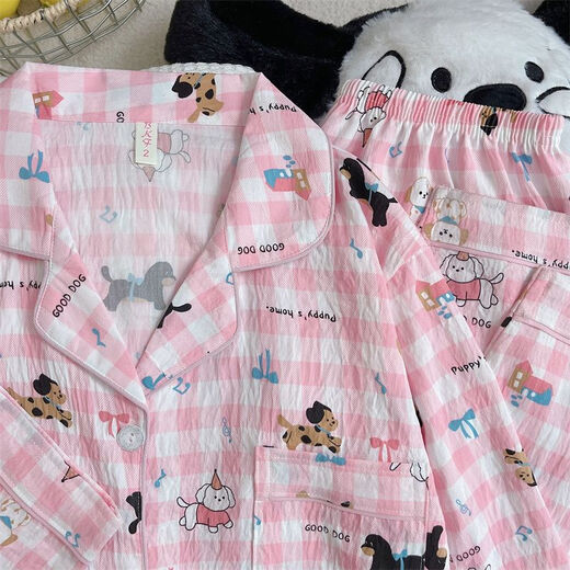 
S.SOFEA women's spring and autumn cute cartoon plaid cloud cotton pajamas home clothes set can be worn outside 826# pink plaid dog 170 M