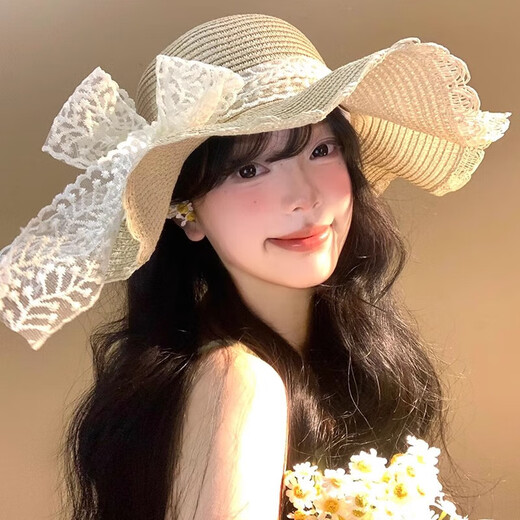 U&MUDI法式蕾丝蝴蝶结草帽女夏海边沙滩波浪边大帽檐太阳帽遮阳防晒帽子 米色蕾丝 均码