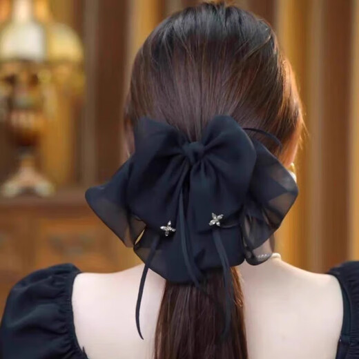 Princess Xiang's bow tie streamer ponytail clip for women's back half-tied hair clip style shark clip Hepburn hair clip headdress black mesh bow clip