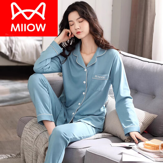 猫人（MiiOW）纯棉睡衣女长袖春秋季开衫韩版简约纯色薄款可外穿家居服套装夏季 深宝蓝 WD9904 L 【建议100 120斤】