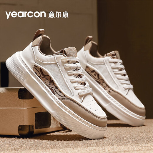 意尔康男鞋休闲板鞋简约风舒适透气不磨脚软底增高不累脚小白鞋运动鞋子 米白/浅棕4885 44