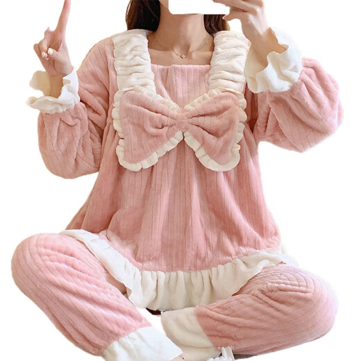 FHHUABD睡衣女秋冬季法兰绒韩版甜美卡通公主风家居服珊瑚绒加厚保暖套装 【9928绒】绿色花边领 M