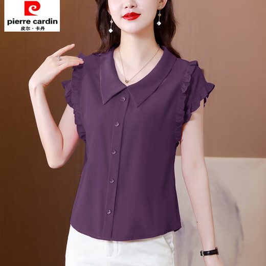 皮尔卡丹（pierre cardin）雪纺无袖上衣洋气t恤女娃娃领衬衫短袖百搭雪纺遮肚子 6218减龄皮粉色 M 【建议100斤以内】