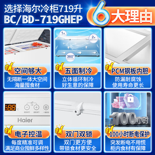 海尔（Haier）冰柜官商用方大容量旗舰全冷冻冷藏转换两用能效保鲜卧式超市便利店冰箱海鲜超低温大型全空间冷柜 719升零下-38度以旧换新700升以上1米86长