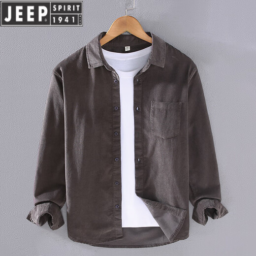 JEEP SPIRIT春季灯芯绒衬衫男长袖纯棉宽松薄款日系条绒感白休闲衬衣外套 抹茶绿【9716】 M