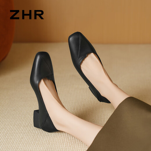 ZHR粗跟单鞋女经典拼接工作皮鞋通勤一脚蹬浅口女鞋软底AH673黑色36