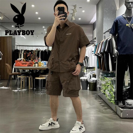 花花公子（PLAYBOY）潮流休闲运动套装男夏季凉感宽松简约翻领衬衫短袖短裤薄款两件套 9015衬衫黑色+6622短裤黑色 2XL 150-170斤