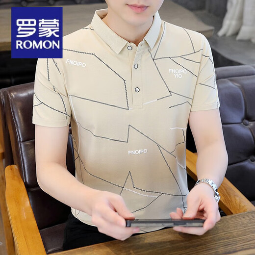 罗蒙（ROMON）男士短袖t恤纯棉修身时尚体桖纯棉夏季潮流条纹Polo衫新款夏装 W7029藏青色 XL 120-135斤