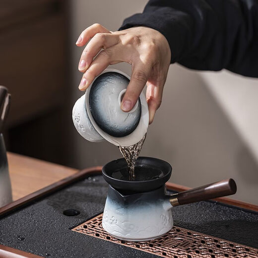 XMSJ轻奢粗陶功夫茶具套装家用泡茶器办公会客盖碗茶壶侧把壶茶 12023山海盖碗+提梁8杯组合