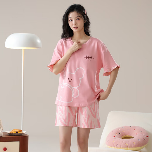 兮众女士短袖睡衣套装夏季夏天薄款大码家居服可外穿休闲春夏棉卡通 GXT6636 M (建议75-95斤)