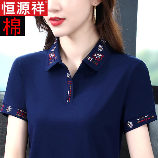 恒源祥高端t恤女夏新款polo衫薄款短袖减龄中年妈妈宽松大码别致棉上衣T 6623B黑色（字母刺绣） M (适合80到99斤)