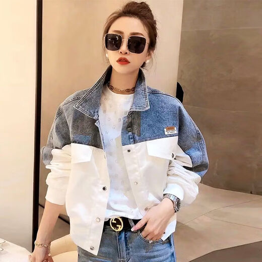FHHUABD抖音牛仔外套女春秋新款拼接绣花撞色牛仔衣服女装夹克潮 9926#图片款【蓝色】 M 【建议101--115斤】