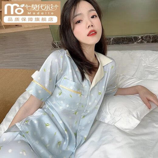 Modal summer new ice silk cool pajamas for women thin short-sleeved trousers ins Korean version of Bluebell Flower Sweet Home Clothing High Quality-YFY9905 [Short-sleeved trousers] M [Suggested 80-100Jin [Jin equals 0.5 kg]]