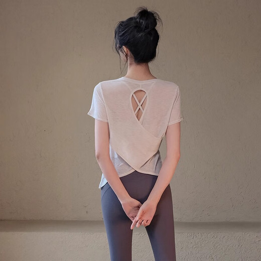 
ACKDCS yoga clothing top for women hollowed-back thin breathable sports short-sleeved T-shirt professional Pilates fitness clothing summer