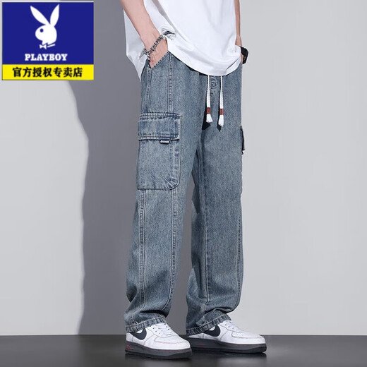 花花公子（PLAYBOY）男士牛仔裤2025春秋季新款宽松直筒潮牌复古工装阔腿休闲长裤 1048蓝色 M