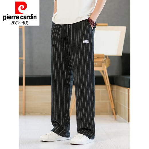 皮尔卡丹（pierre cardin）条纹裤男中国风复古宽松直筒裤夏季薄款棉质料裤子男士休闲裤针织 麻色 M 100-120斤