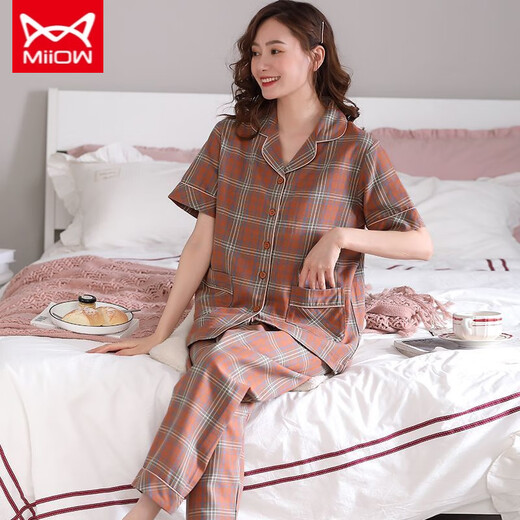 猫人 MIIOW新款睡衣女夏短袖长裤纯棉中妈妈薄款可外穿家居服套装 R:2103 9923 M 建议【80-100斤】