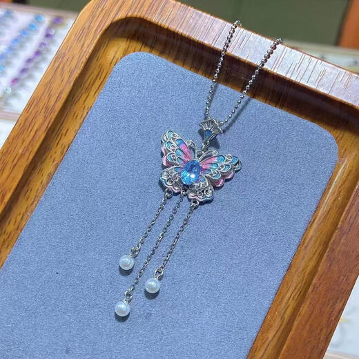 LZJV silver inlaid, non-fading, non-allergenic, natural topaz, tanzanite, painted butterfly necklace, women's national style fidelity, free certificate, topaz sky blue pendant