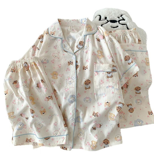 S.Sofea Cloud Cotton Pyjamas für Frauen Sommer Welpe Cartoon Kurzärmelte dreiteilige Heimkleidung für Outdoor-Kleidung 9904# Corgi 170 m