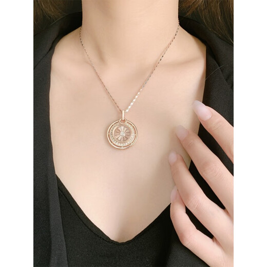 QUAMER round rotating 18k rose gold pendant for women, redbud transfer bead snowflake hanging necklace, pink gold pendant necklace (chain length 50CM)