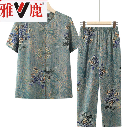 Grandma Yalu summer pure cotton silk suit middle-aged and elderly short-sleeved cardigan female mother home clothes old lady cardigan pajamas 687# green suit XL recommended 80-100Jin Jin equals 0.5 kg