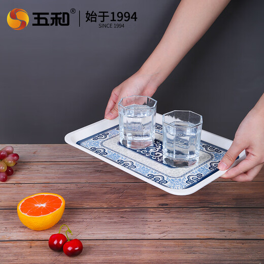 Wuhe (WUHE) household tray rectangular living room water cup tray tea tray Nordic cup tray melamine children's fruit tray blue and white tray (39.5*28.2*2.0 CM)