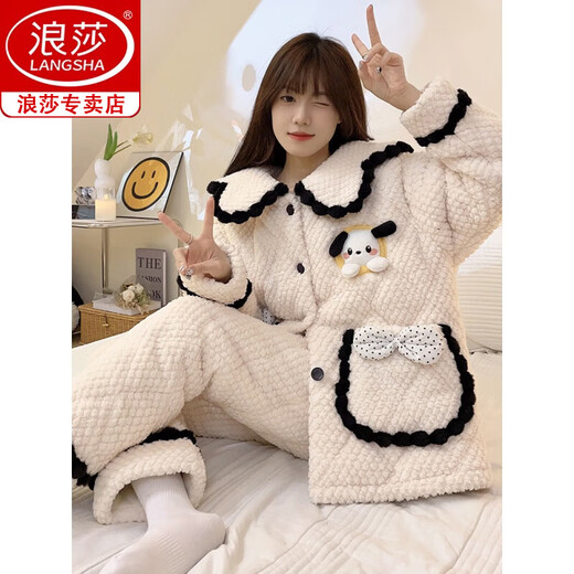 Langsha Pyjamas de veste en coton à trois couches pour femmes plus en velours épaissie de corail chaud en velours automne et hiver Nouvel vêtements pour maison de flanelle QJ-3291 M