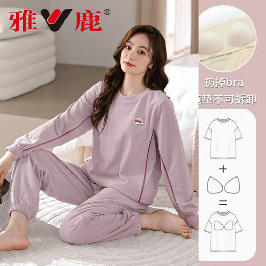 雅鹿纯棉睡衣女长袖春秋季休闲韩版可外穿卡通全棉秋冬家居服套装 9216(无胸垫棉) M 【建议80-105斤】