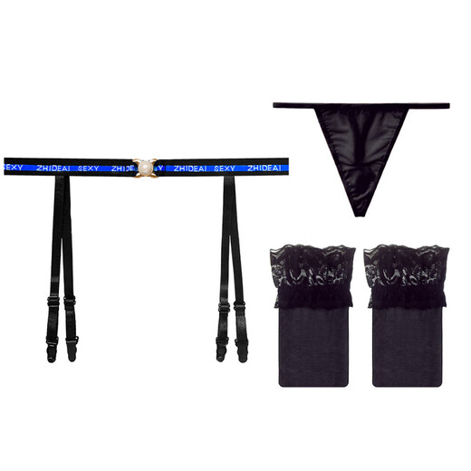 欧美字母吊带袜辣妹钻饰黑丝诱惑性感美腿情调吊袜带过膝丝袜情人 黑色+丝袜 均码 (适合80-120斤)