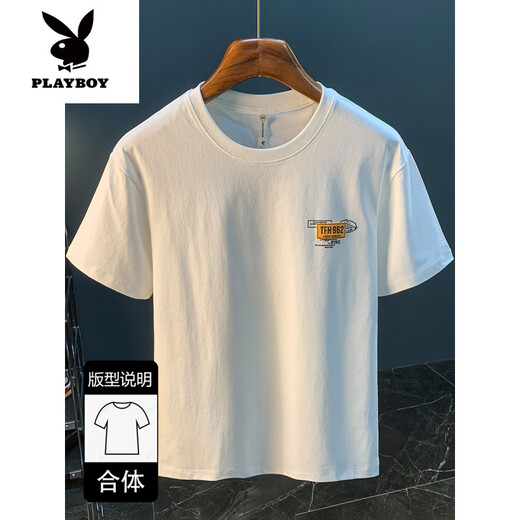 Playboy (Playboy) Camiseta blanca Summer Summer New Tendencia de alta gama Camiseta estampada American Light Luxury Xinjiang Algodón cómodo Camiseta de manga corta White [JSW9906 White] M adecuado para 90-108Jin [Jin iguala 0.5 kg] desgaste