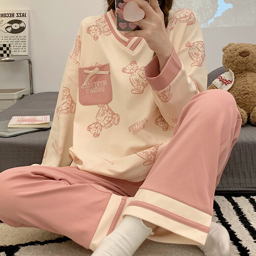 浅伊琳睡衣女春秋季韩版长袖长裤可爱卡通套装可外穿夏秋冬款大码家居服 宝蓝色 t9922图色 M  (建议75-95斤)