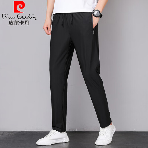 Pier Cardan high elastic ice silk pants men's summer thin casual trousers zipper pocket breathable quick-drying plus size sports pants Black 9922 flat feet trousers L 95-110Jin [Jin equals 0.5 kg]