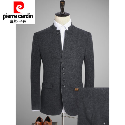 Pierre cardin Zhongshan suit men's young Chinese stand-up collar suit suit men's Chinese style Tang suit Chinese woolen jacket men's spring and autumn 6622-dark gray-top + shirt + pants M 170-suit 110-120Jin[Jin equals 0.5 kg]