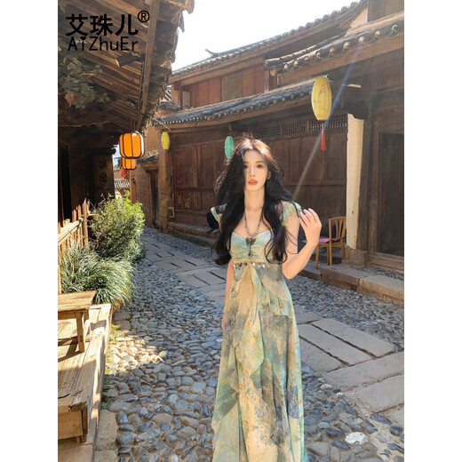 Aizhuer (Aizhuer) Wald schwimmendem Sommer-Suspender-Temperamentkleid für Frauen 2025 Sommer Neu gedruckter, schlanker, hüftbetrugs langer Rock für Frauen <Forest Floating Summer> Hosentender Kleid xl