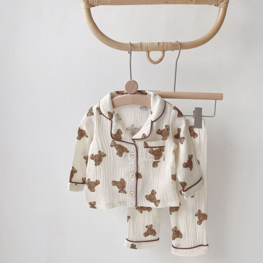 
S.SOFEA Bear Children's Pajamas Spring and Autumn Long Sleeve Baby Home Clothing Outdoor Set 846-Bear Set 80