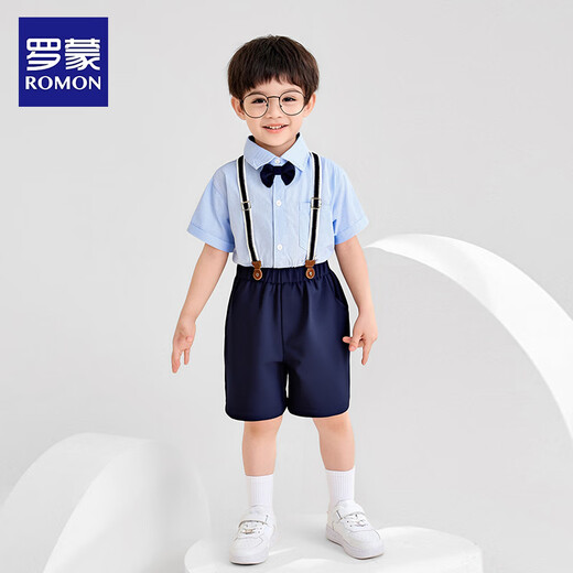 罗蒙男童小西装背带套装男宝周岁生日花童礼服儿童演出服 藏青色120