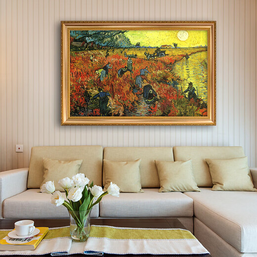 梵高世界名画临摹 红色葡萄园 凡高手绘印象派风景画餐厅装饰画 692金实木框 80X60