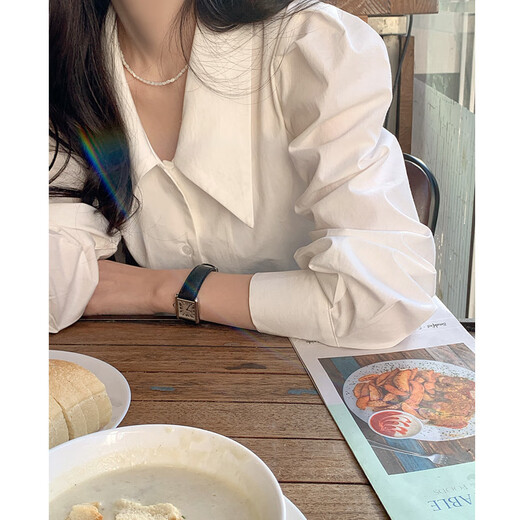 Plain brocade long-sleeved white shirt women's white shirt spring and summer high-end professional formal wear interview student commuter style white shirt lapel long-sleeved shirt white L recommended weight 110-130Jin Jin equals 0.5 kg