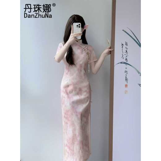 丹珠娜（DanZhuNa）黄色新中式连衣裙夏季新款国风复古改良旗袍年轻气质长裙子女夏天 9721粉色旗袍（无饰品） L