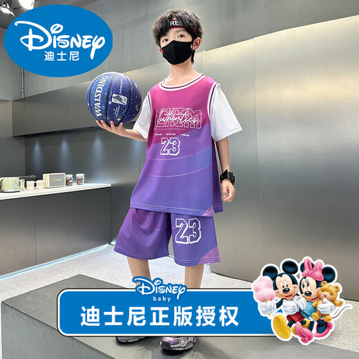 迪士尼男童运动套装2025夏季新款儿童洋气中大童短袖帅气篮球服两件套潮 品牌黑色9901 150 【适合身高140左右】