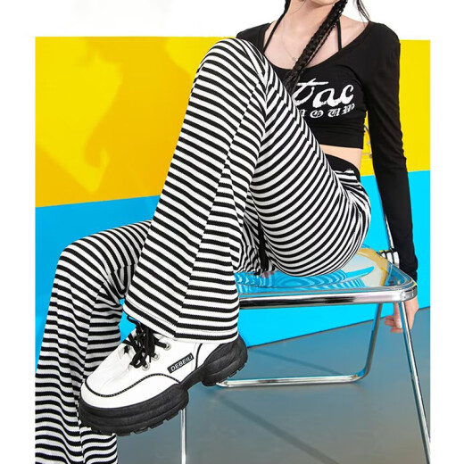 2025 rayas caídas de primavera y verano Pantalones de microflares informales sueltos Pantalones de caña alta de alta pierna anchura Pantalones largos largos Color de moda [MY-686] XL