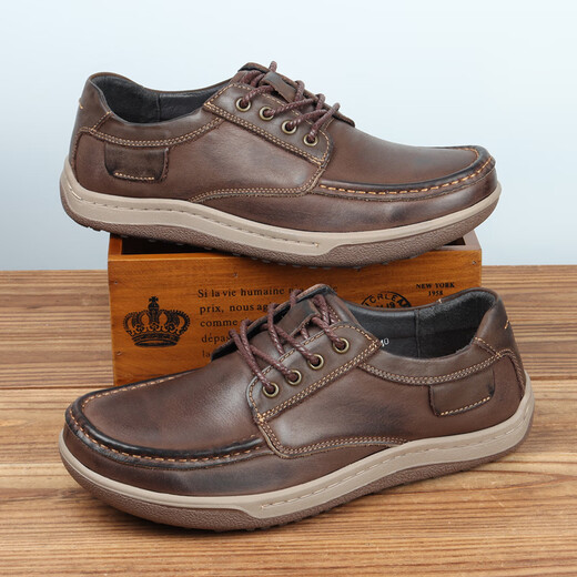 Goldlion GY casual leather shoes for men genuine leather breathable wide-head retro 2025 new anti-slip nubuck leather retro hand-rubbed coffee color 42