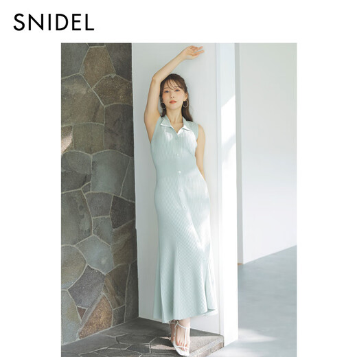 SNIDEL2025春夏新品优雅翻领收腰罗纹针织鱼尾连衣裙SWNO252056 薄荷绿 均码 (F)